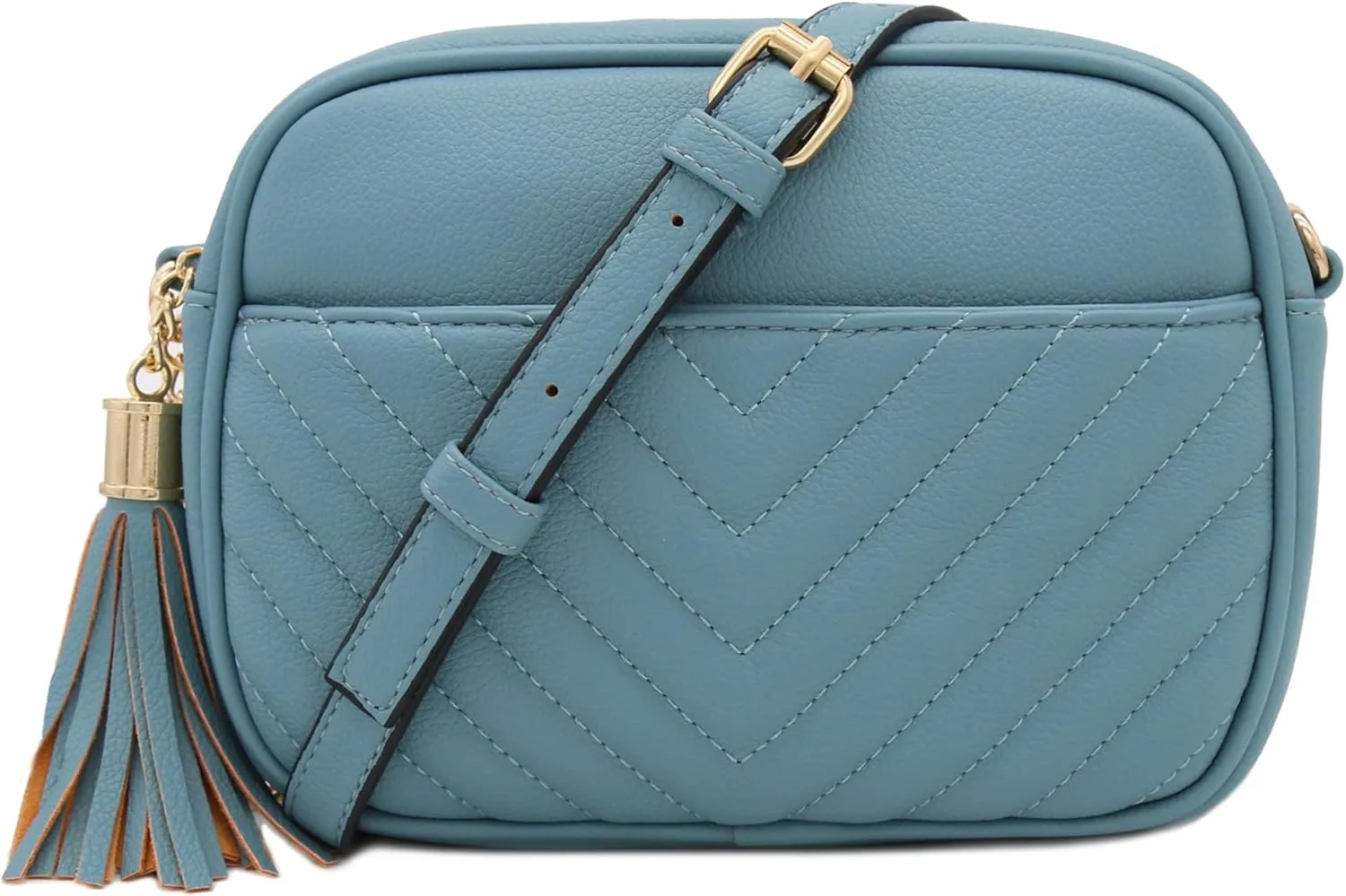FashionPuzzle Chevron Quilted Crossbody Camera Bag with Chain Strap and Tassel