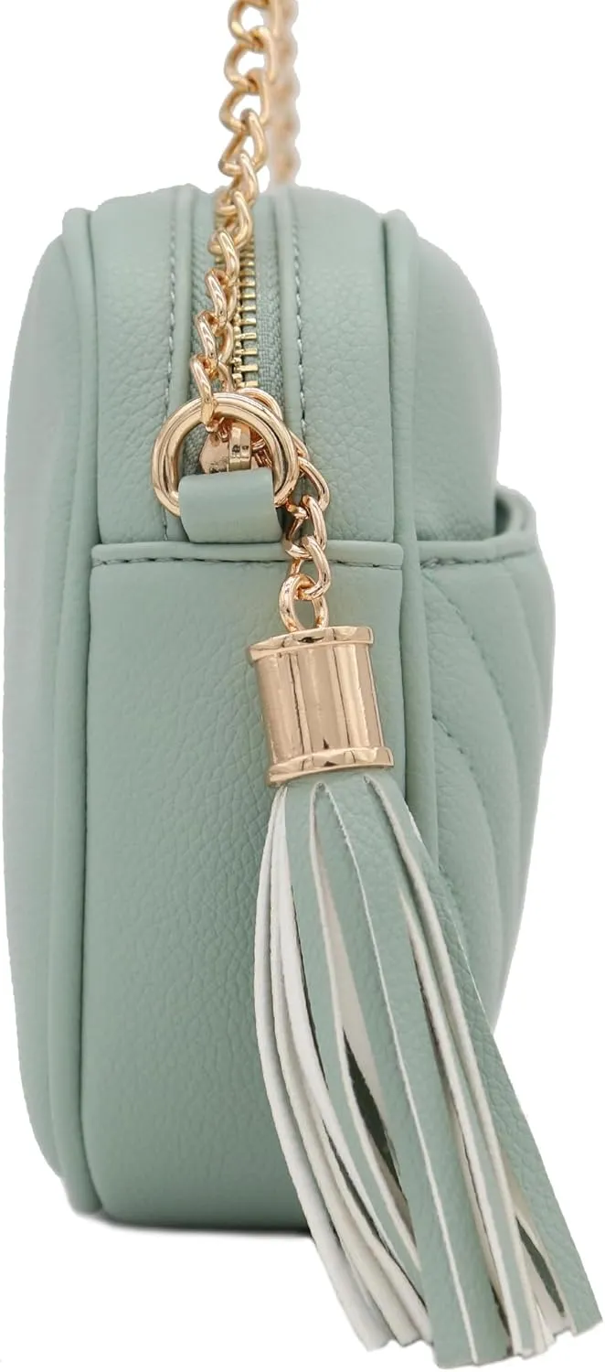 FashionPuzzle Chevron Quilted Crossbody Camera Bag with Chain Strap and Tassel