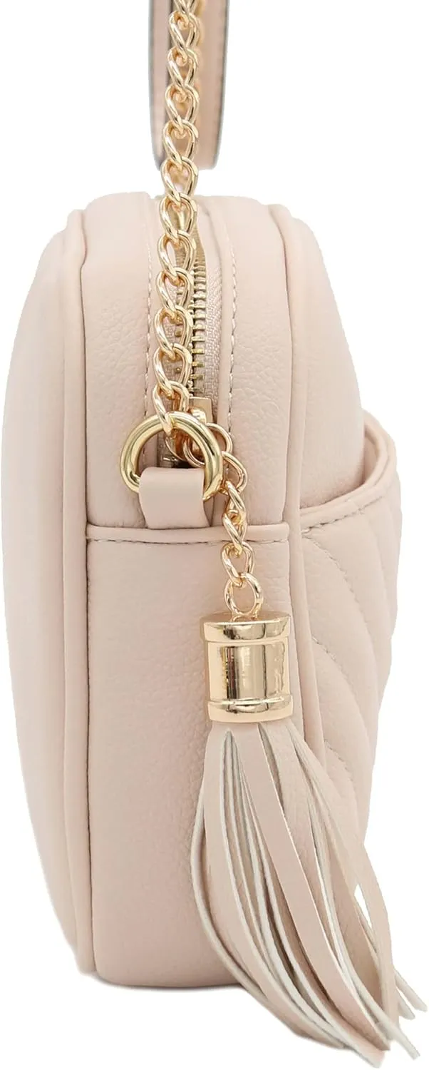 FashionPuzzle Chevron Quilted Crossbody Camera Bag with Chain Strap and Tassel