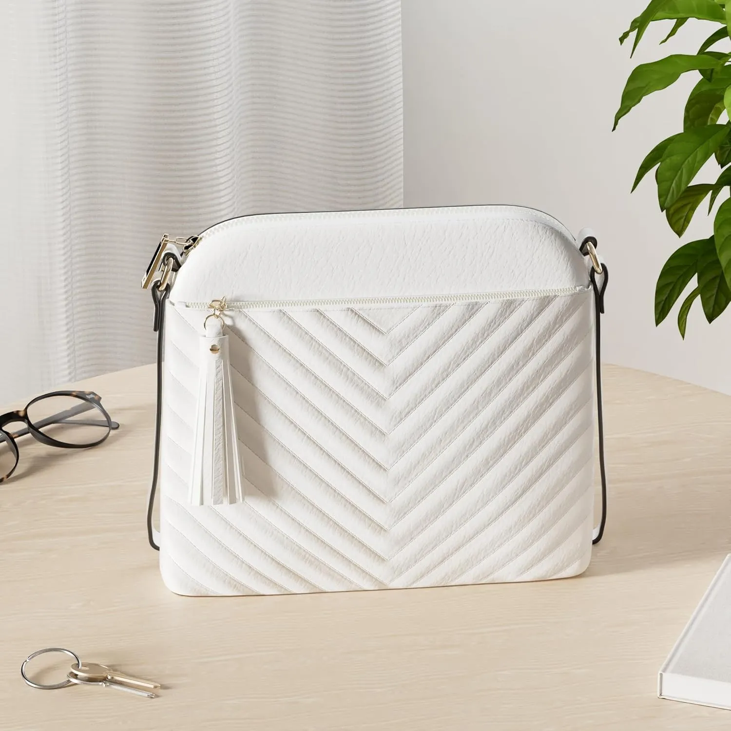 FashionPuzzle Chevron Quilted Medium Crossbody Bag with Tassel Accent