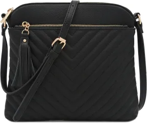 FashionPuzzle Chevron Quilted Medium Crossbody Bag with Tassel Accent