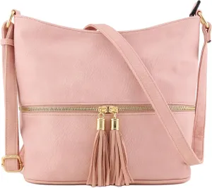FashionPuzzle Lightweight Tassel Zipper Bucket Crossbody Bag