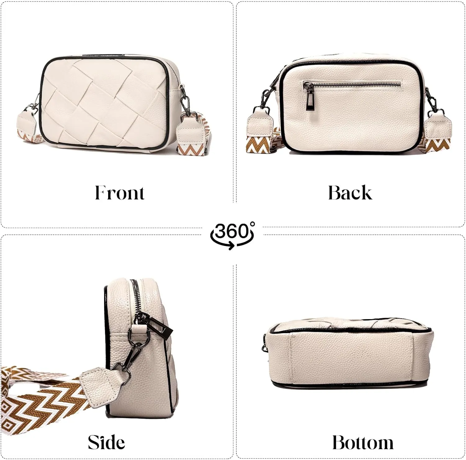FAYBA Woven Crossbody for Women, Wide Strap Genuine Leather Shoulder Bag, Small Handbag Satchel With Guitar Strap