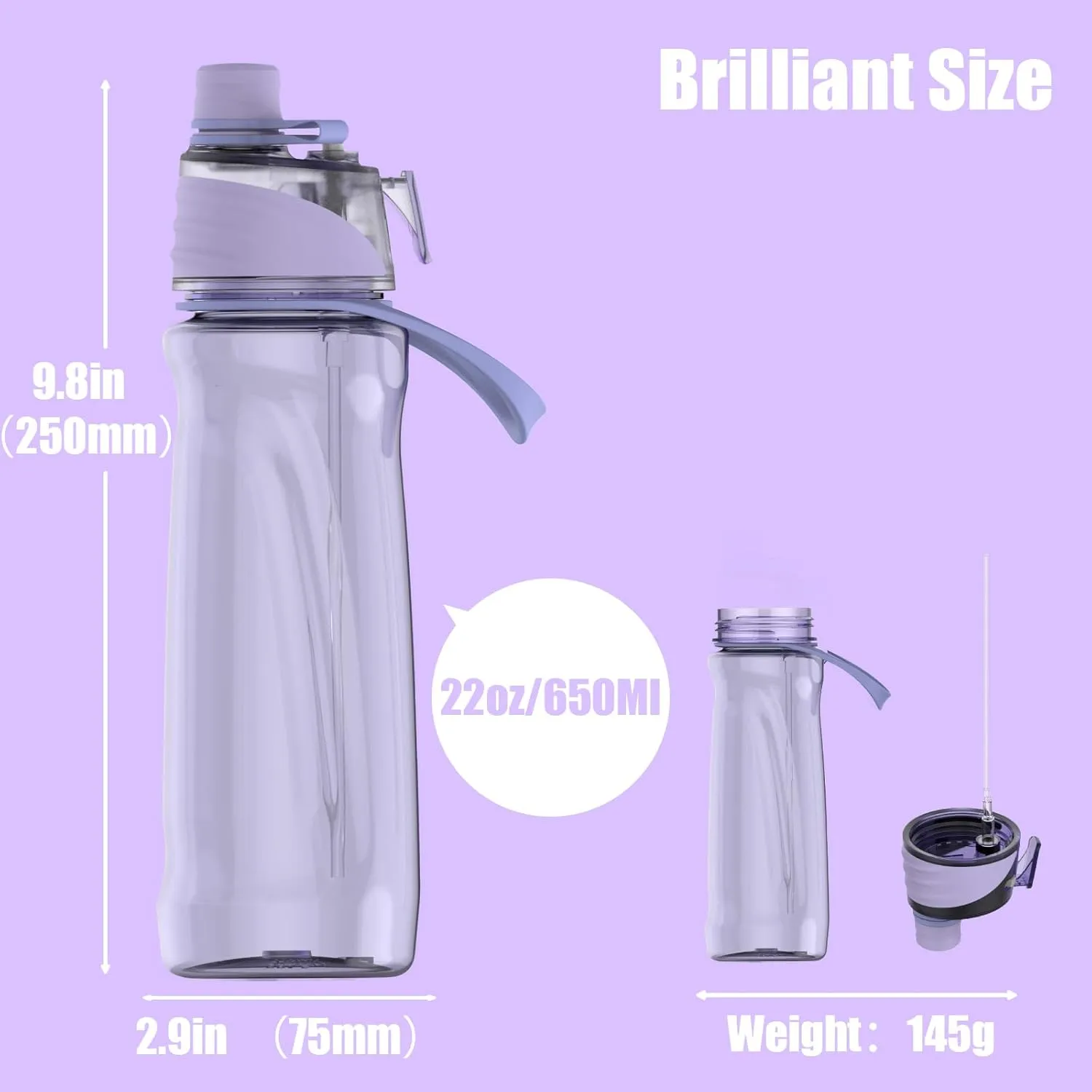 FEIJIAN Mist & Sip Water Bottle, 22oz, BPA-Free, Leakproof & Lightweight, Ideal for Fitness & Outdoor, Purple
