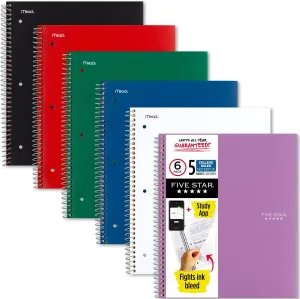 Five Star Spiral Notebooks   Study App, 6 Pack, 5 Subject, College Ruled Paper, Fights Ink Bleed, Water Resistant Cover, 8-1/2" x 11", 200 Sheets,Assorted Colors (73793)