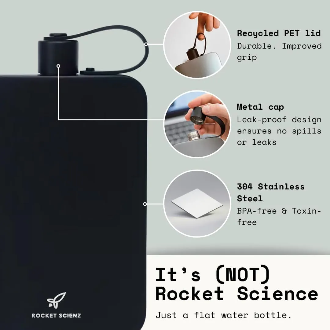 Flat Water Bottle | Stainless Steel 17oz Flask | Minimalistic Design for Easy Portability | BPA-Free, Leak-Proof | Perfect for Travel, Gym, and Everyday Use (Black)