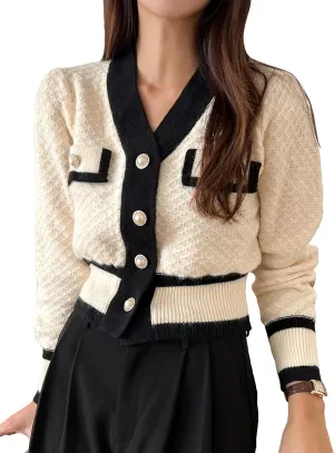 Floerns Women's Contrast Trim Long Sleeve Button Front V Neck Cardigan