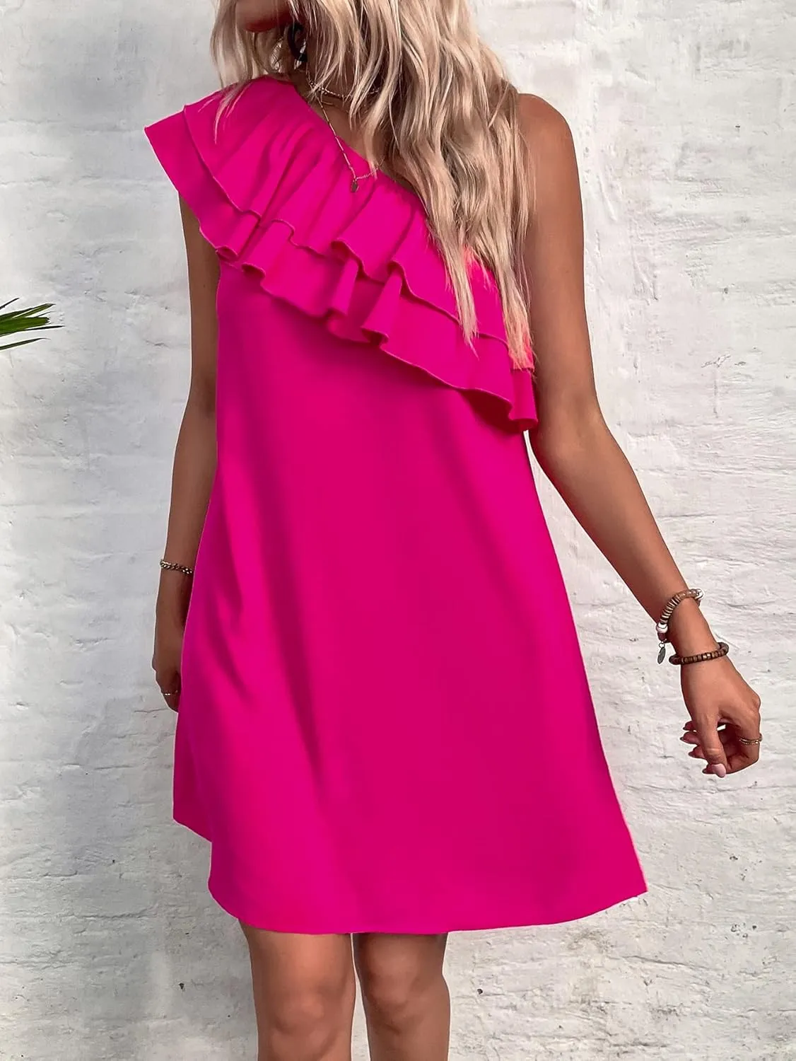 Floerns Women's One Shoulder Tiered Layered Sleeveless Ruffle Trim Tunic Dress