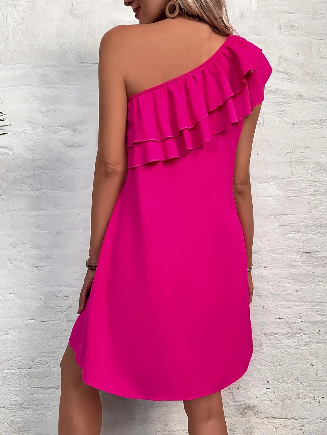 Floerns Women's One Shoulder Tiered Layered Sleeveless Ruffle Trim Tunic Dress