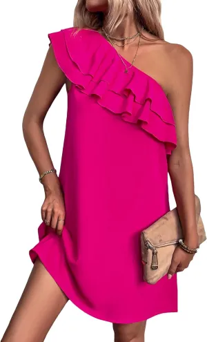 Floerns Women's One Shoulder Tiered Layered Sleeveless Ruffle Trim Tunic Dress