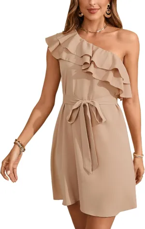 Floerns Women's One Shoulder Tiered Layered Sleeveless Ruffle Trim Tunic Dress