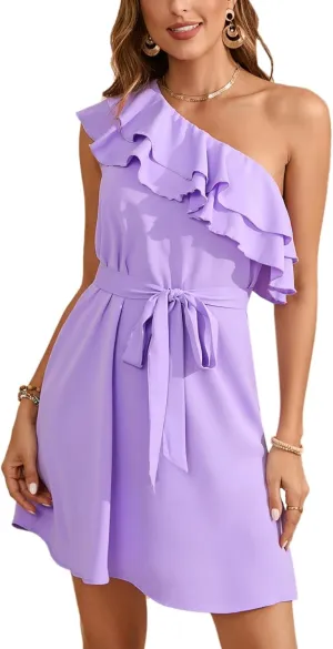 Floerns Women's One Shoulder Tiered Layered Sleeveless Ruffle Trim Tunic Dress