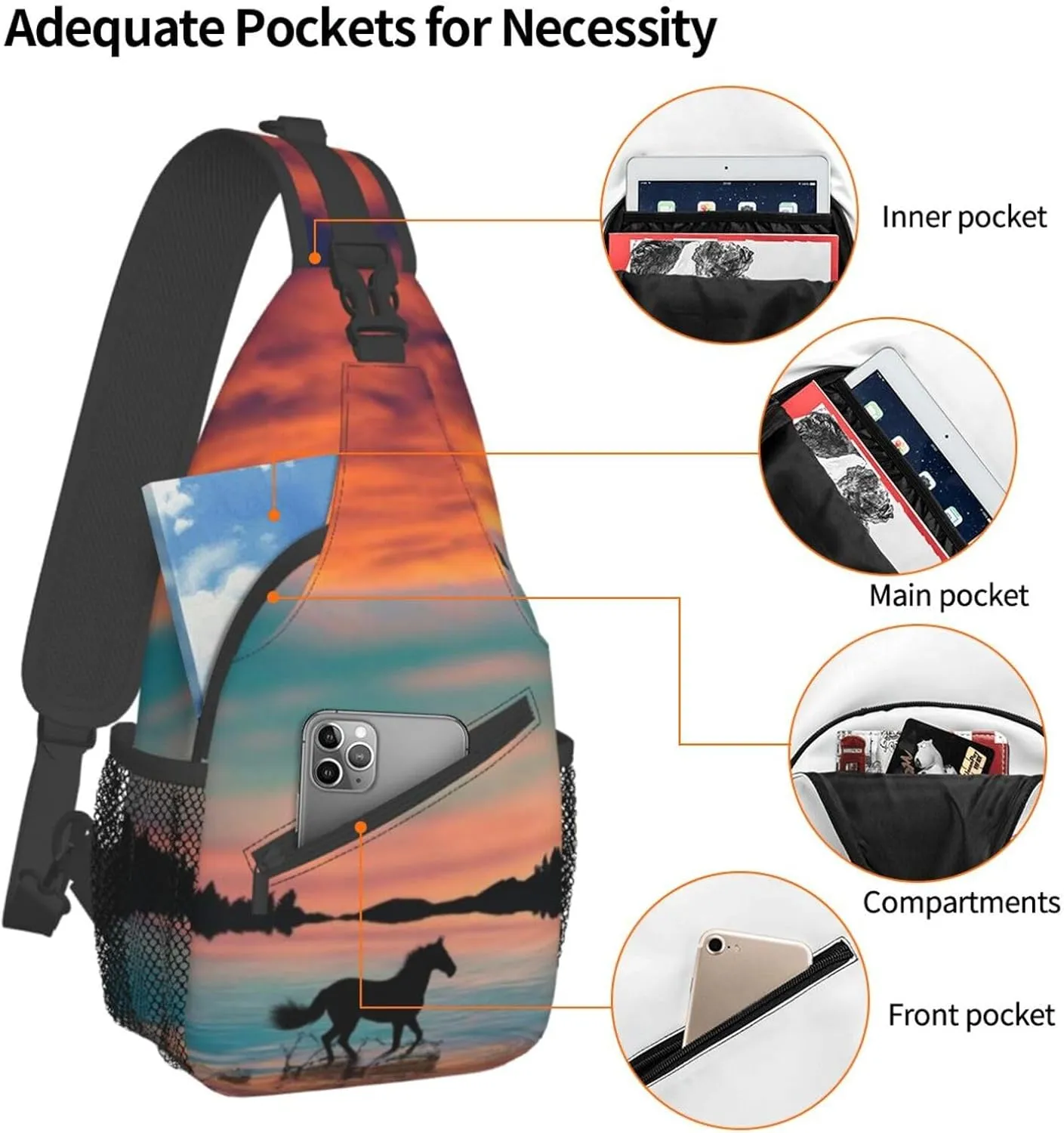 Funny Horse Crossbody Bag Horse Shoulder Bag Backpack Animal Sling Bag Chest Casual Daypack for Outdoor