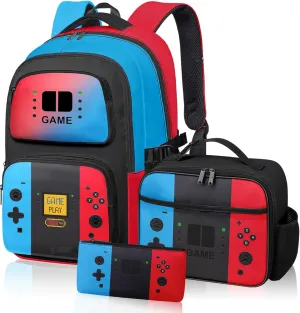 Game Backpack Set for Boys Kids, Gaming Kids Boys Backpack with Lunch Box and Pencil Bag, Large Capacity Game School Bag 17"