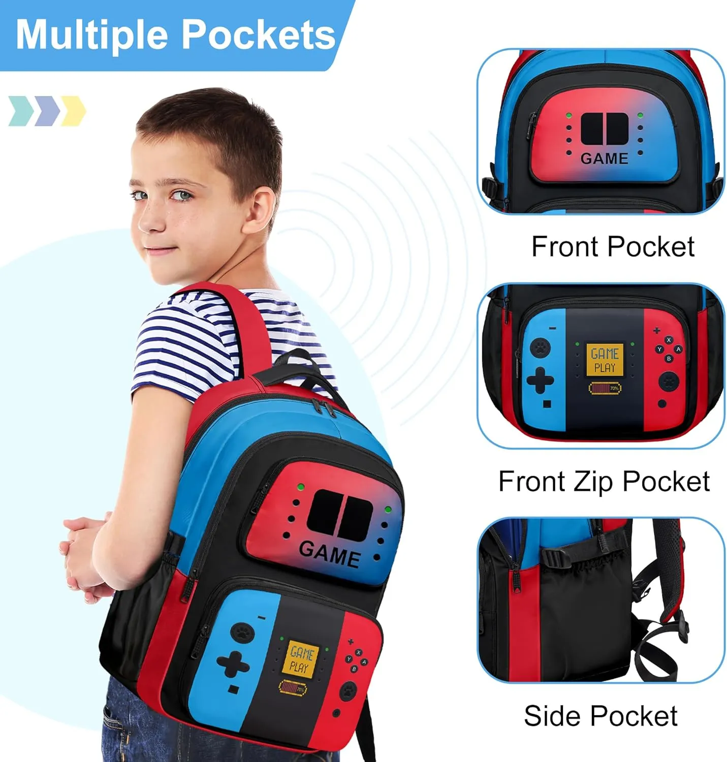 Game Backpack Set for Boys Kids, Gaming Kids Boys Backpack with Lunch Box and Pencil Bag, Large Capacity Game School Bag 17"