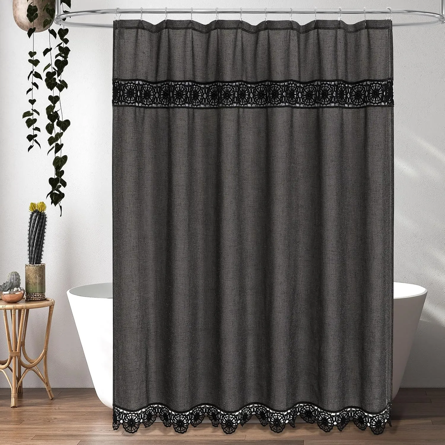 Gibelle Boho Farmhouse Shower Curtain Set, Linen Cotton Fabric Shower Curtain with Macrame Lace Decor, Modern Bohemian French Country Chic Bathroom Curtain with PEVA Liner 72x72 - Dark Grey
