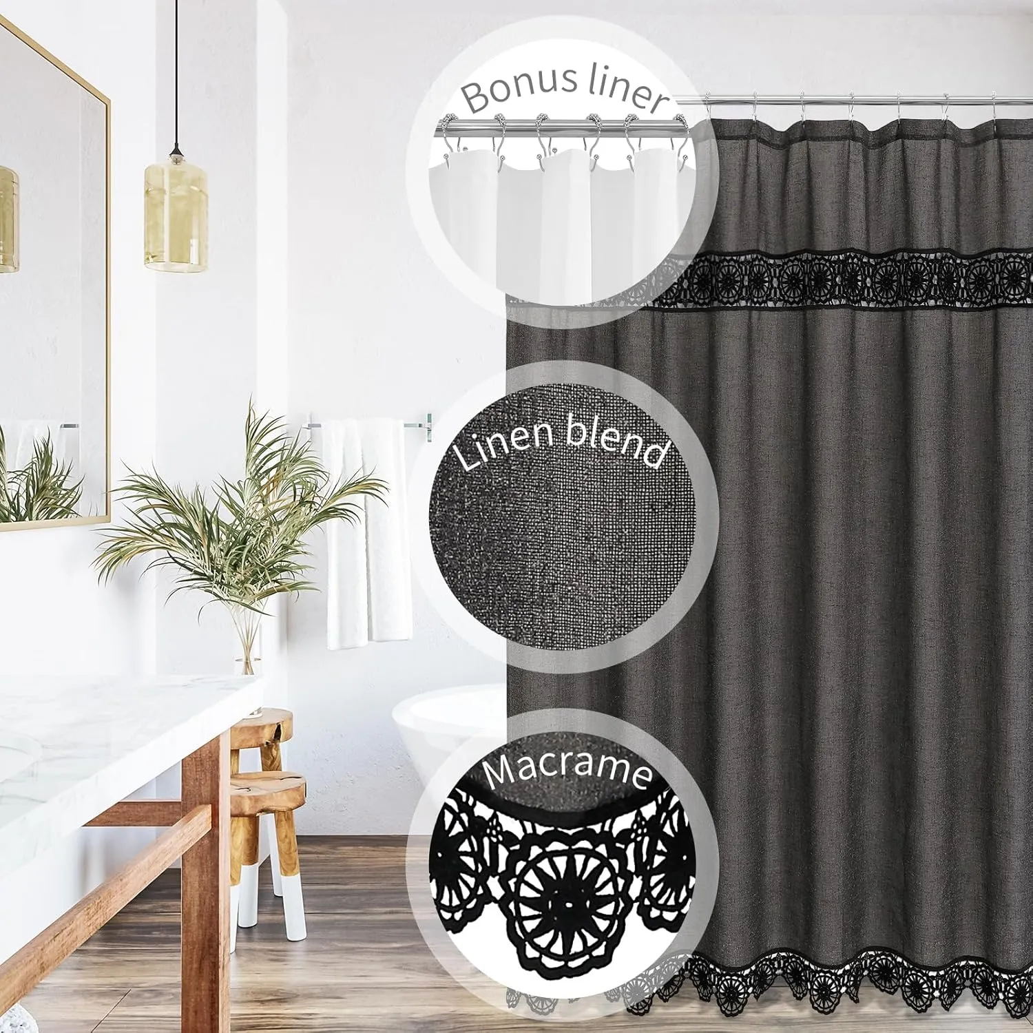 Gibelle Boho Farmhouse Shower Curtain Set, Linen Cotton Fabric Shower Curtain with Macrame Lace Decor, Modern Bohemian French Country Chic Bathroom Curtain with PEVA Liner 72x72 - Dark Grey