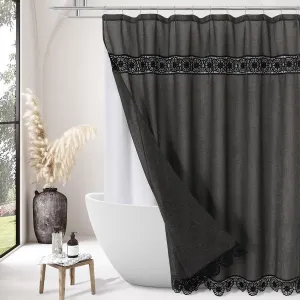 Gibelle Boho Farmhouse Shower Curtain Set, Linen Cotton Fabric Shower Curtain with Macrame Lace Decor, Modern Bohemian French Country Chic Bathroom Curtain with PEVA Liner 72x72 - Dark Grey