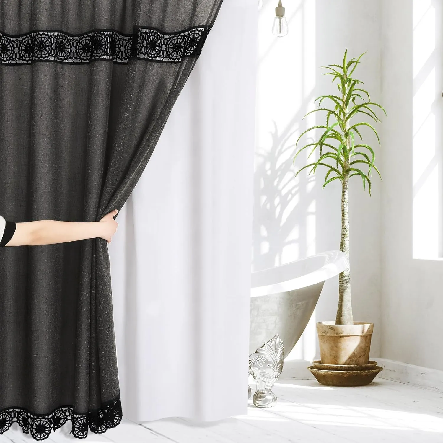 Gibelle Boho Farmhouse Shower Curtain Set, Linen Cotton Fabric Shower Curtain with Macrame Lace Decor, Modern Bohemian French Country Chic Bathroom Curtain with PEVA Liner 72x72 - Dark Grey