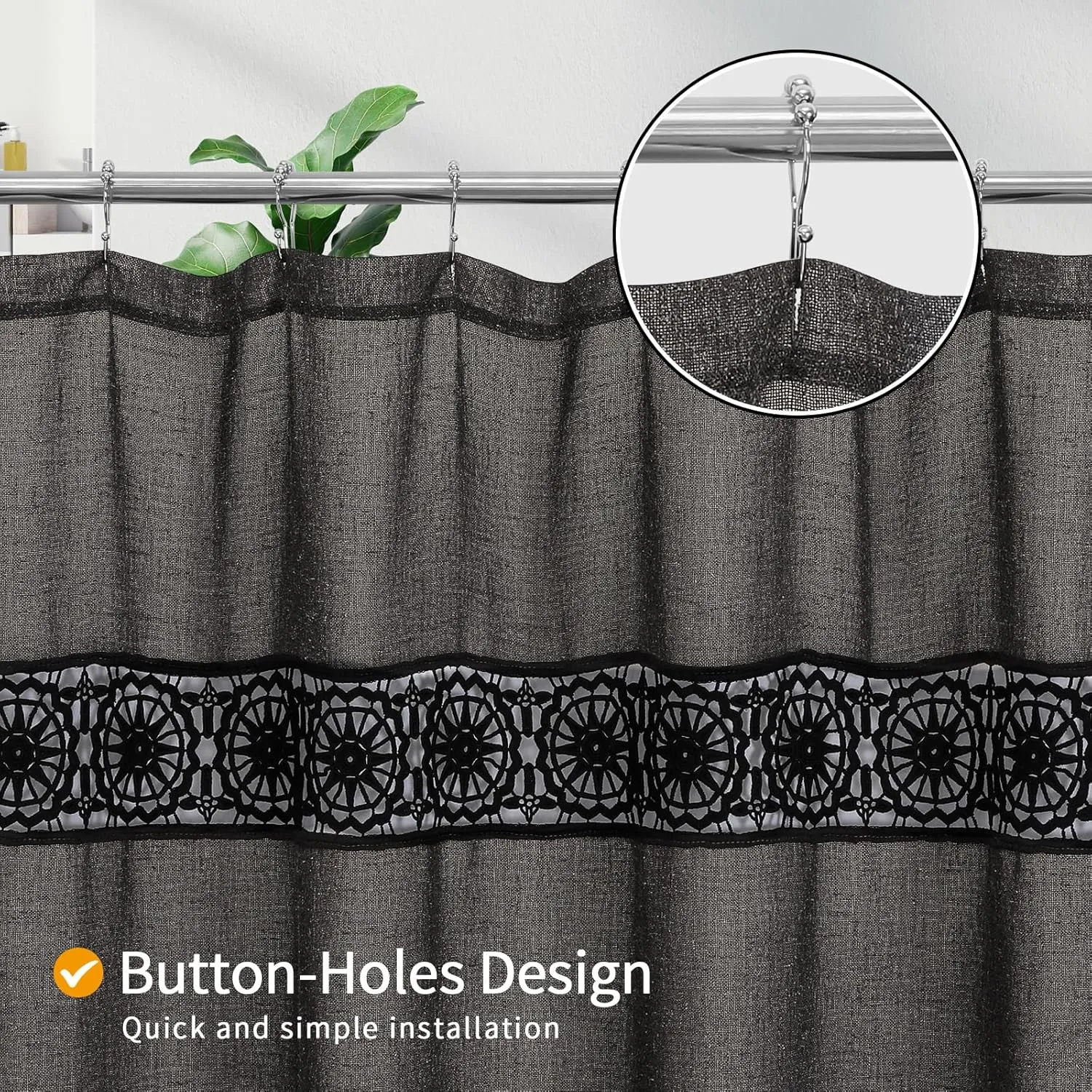 Gibelle Boho Farmhouse Shower Curtain Set, Linen Cotton Fabric Shower Curtain with Macrame Lace Decor, Modern Bohemian French Country Chic Bathroom Curtain with PEVA Liner 72x72 - Dark Grey