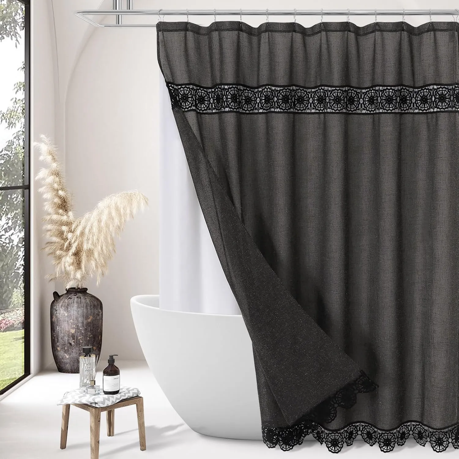 Gibelle Boho Farmhouse Shower Curtain Set, Linen Cotton Fabric Shower Curtain with Macrame Lace Decor, Modern Bohemian French Country Chic Bathroom Curtain with PEVA Liner 72x72 - Dark Grey