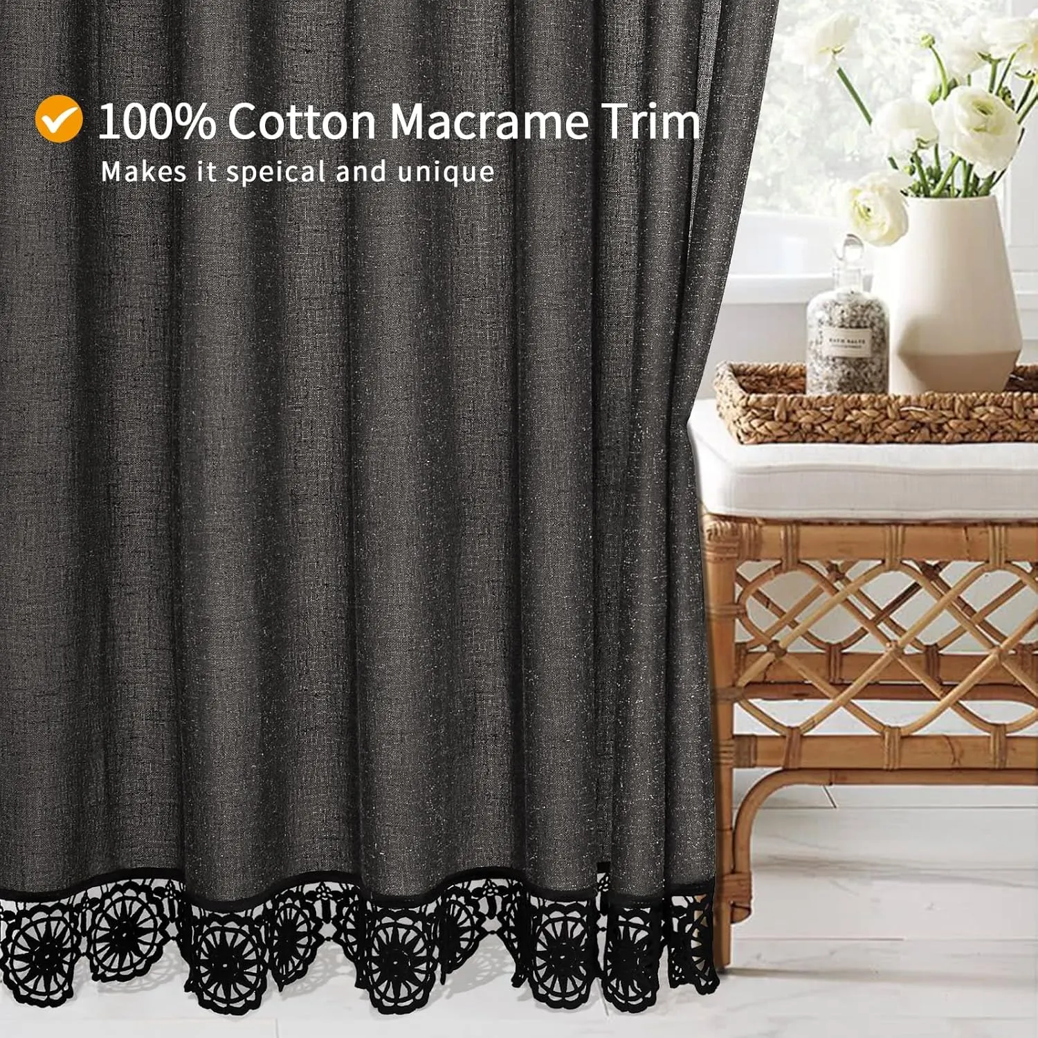 Gibelle Boho Farmhouse Shower Curtain Set, Linen Cotton Fabric Shower Curtain with Macrame Lace Decor, Modern Bohemian French Country Chic Bathroom Curtain with PEVA Liner 72x72 - Dark Grey