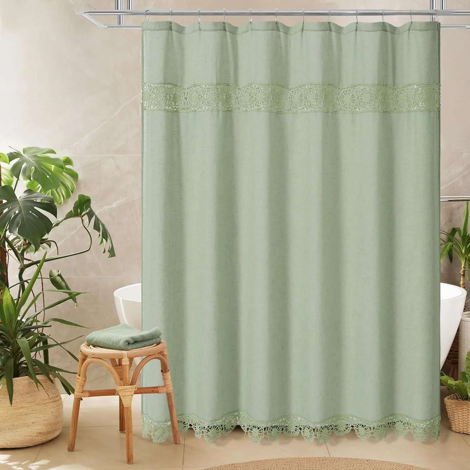 Gibelle Boho Farmhouse Shower Curtain Set, Linen Cotton Fabric Shower Curtain with Macrame Lace Decor, Modern Bohemian French Country Chic Bathroom Curtain with PEVA Liner 72x72 - Green