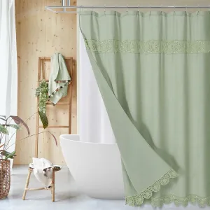 Gibelle Boho Farmhouse Shower Curtain Set, Linen Cotton Fabric Shower Curtain with Macrame Lace Decor, Modern Bohemian French Country Chic Bathroom Curtain with PEVA Liner 72x72 - Green