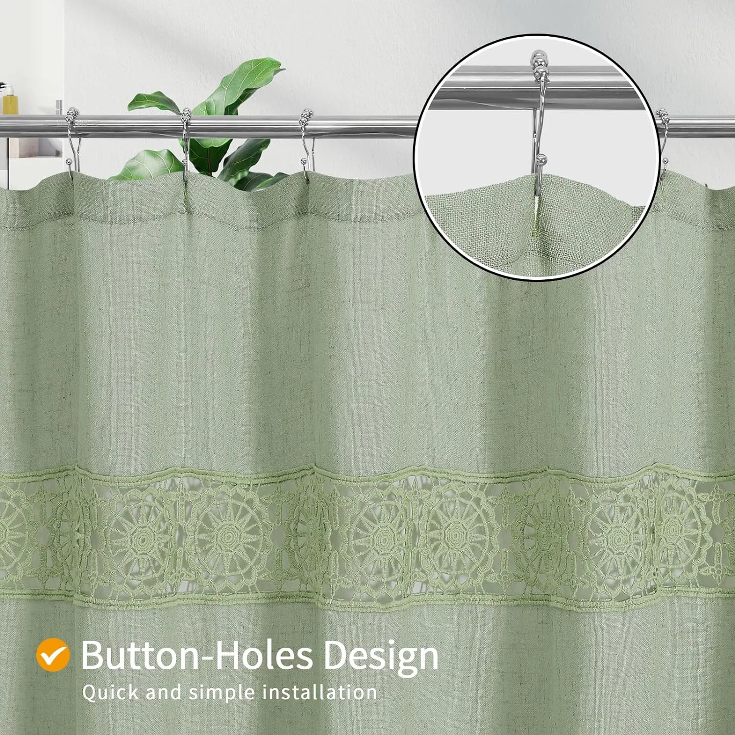 Gibelle Boho Farmhouse Shower Curtain Set, Linen Cotton Fabric Shower Curtain with Macrame Lace Decor, Modern Bohemian French Country Chic Bathroom Curtain with PEVA Liner 72x72 - Green