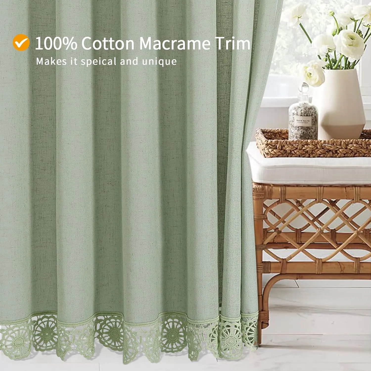 Gibelle Boho Farmhouse Shower Curtain Set, Linen Cotton Fabric Shower Curtain with Macrame Lace Decor, Modern Bohemian French Country Chic Bathroom Curtain with PEVA Liner 72x72 - Green