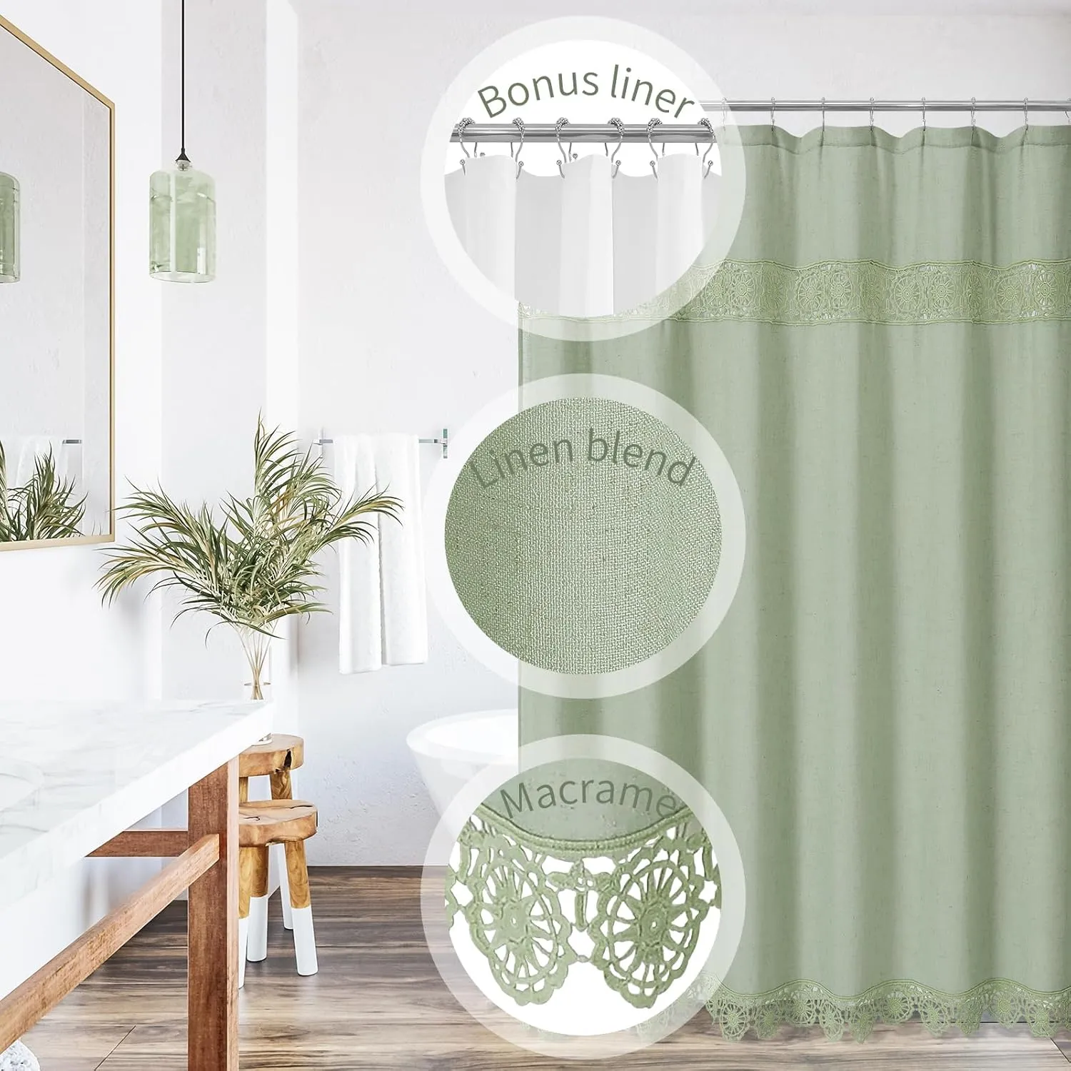 Gibelle Boho Farmhouse Shower Curtain Set, Linen Cotton Fabric Shower Curtain with Macrame Lace Decor, Modern Bohemian French Country Chic Bathroom Curtain with PEVA Liner 72x72 - Green