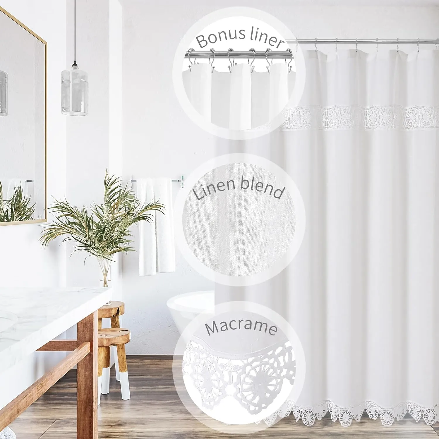 Gibelle Boho Farmhouse Shower Curtain Set, Linen Cotton Fabric Shower Curtain with Macrame Lace Decor, Modern Bohemian French Country Chic Bathroom Curtain with PEVA Liner 72x72 - White