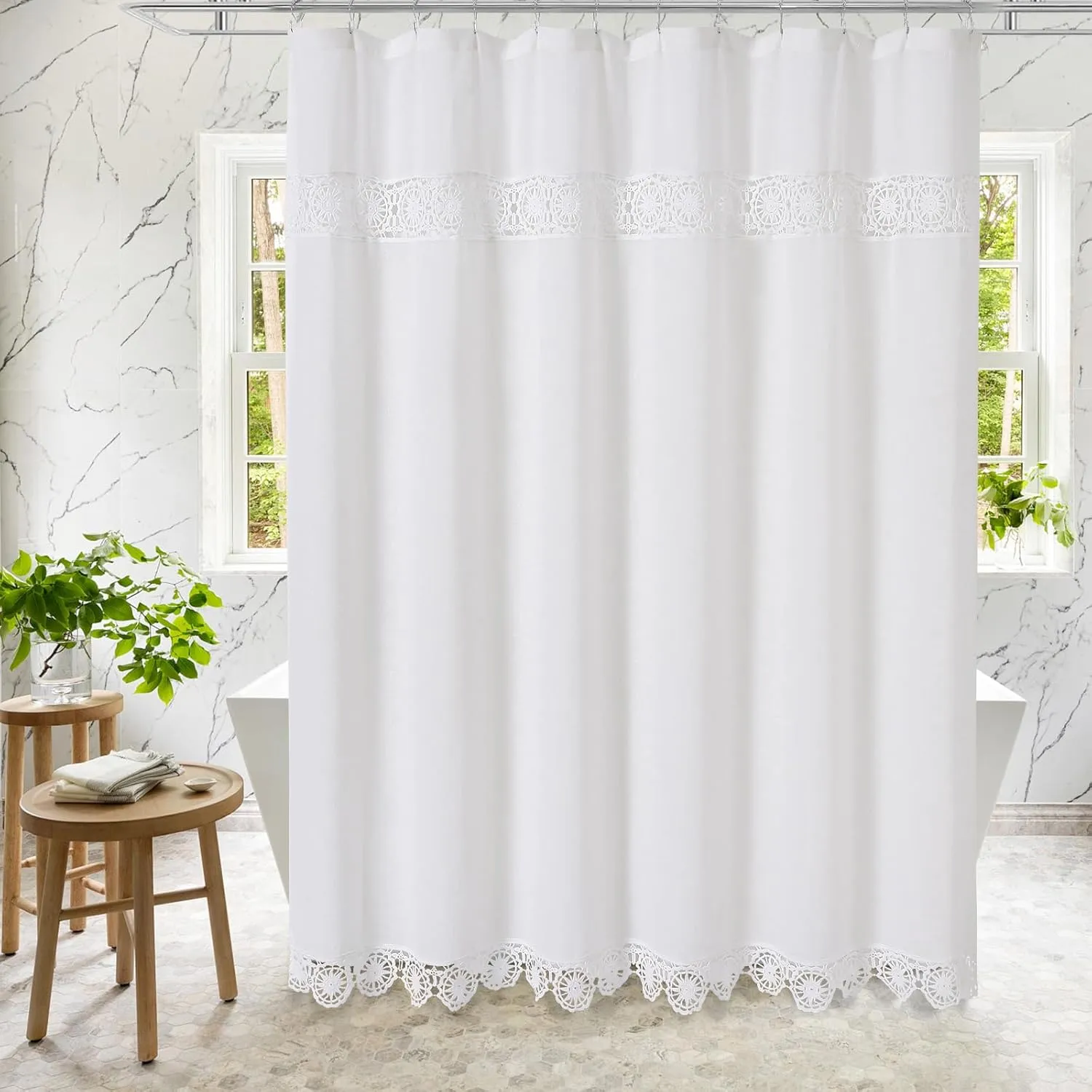 Gibelle Boho Farmhouse Shower Curtain Set, Linen Cotton Fabric Shower Curtain with Macrame Lace Decor, Modern Bohemian French Country Chic Bathroom Curtain with PEVA Liner 72x72 - White