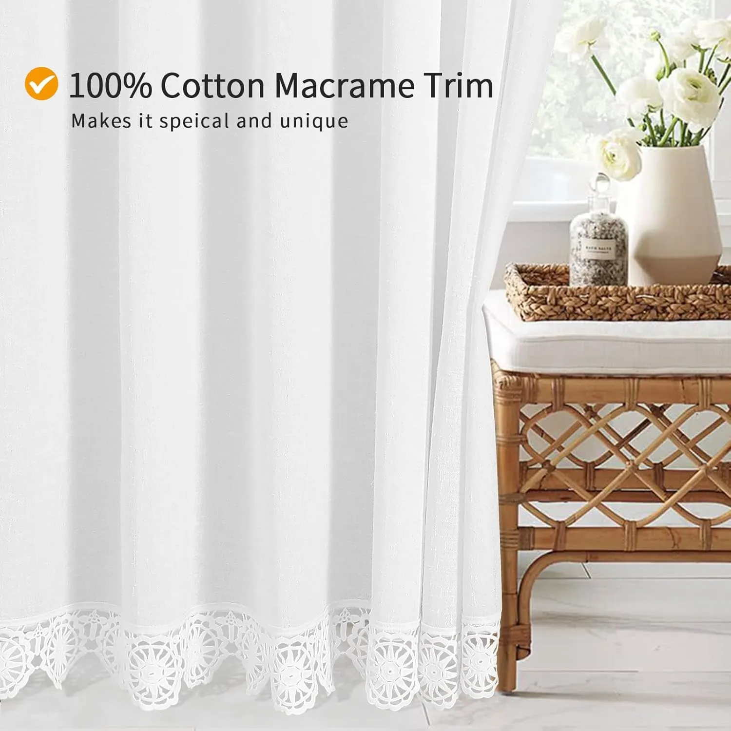 Gibelle Boho Farmhouse Shower Curtain Set, Linen Cotton Fabric Shower Curtain with Macrame Lace Decor, Modern Bohemian French Country Chic Bathroom Curtain with PEVA Liner 72x72 - White