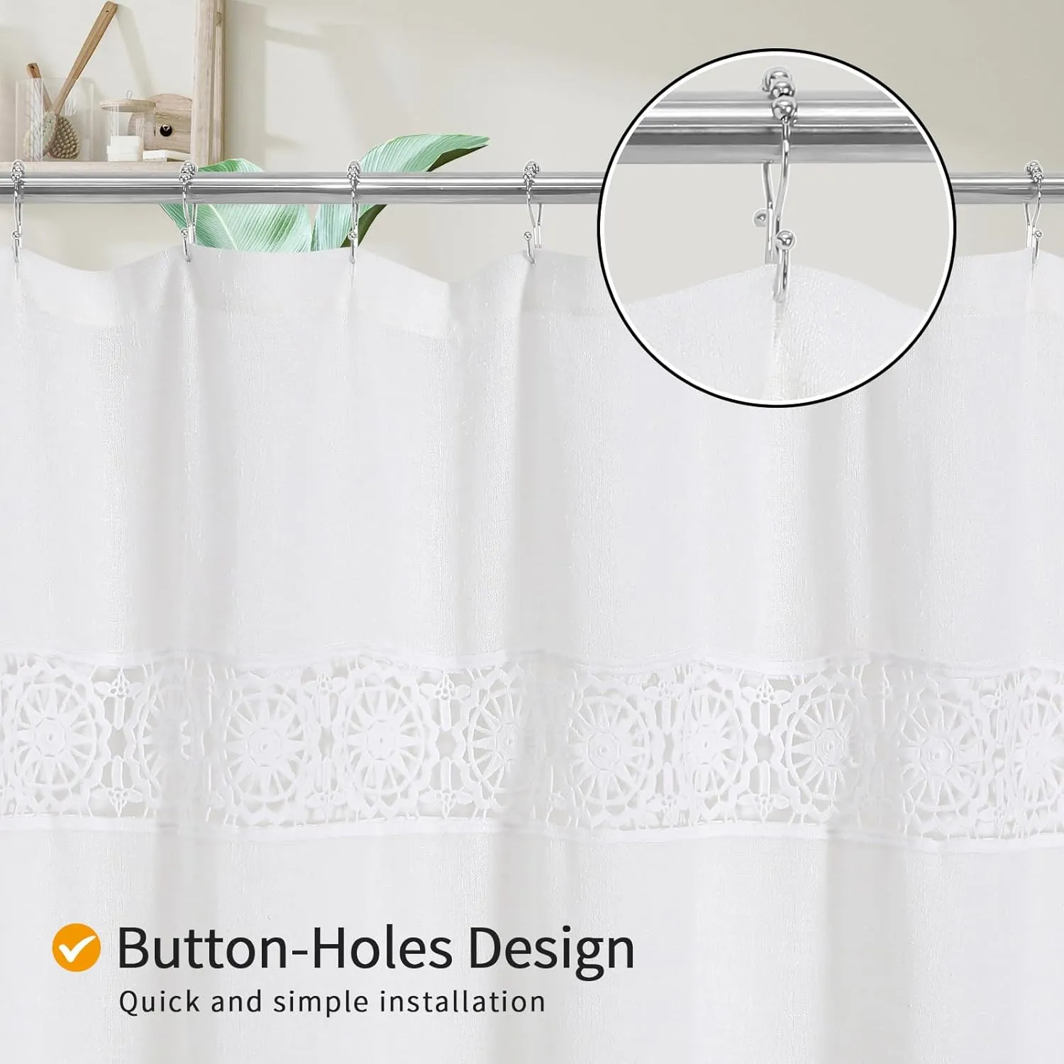 Gibelle Boho Farmhouse Shower Curtain Set, Linen Cotton Fabric Shower Curtain with Macrame Lace Decor, Modern Bohemian French Country Chic Bathroom Curtain with PEVA Liner 72x72 - White