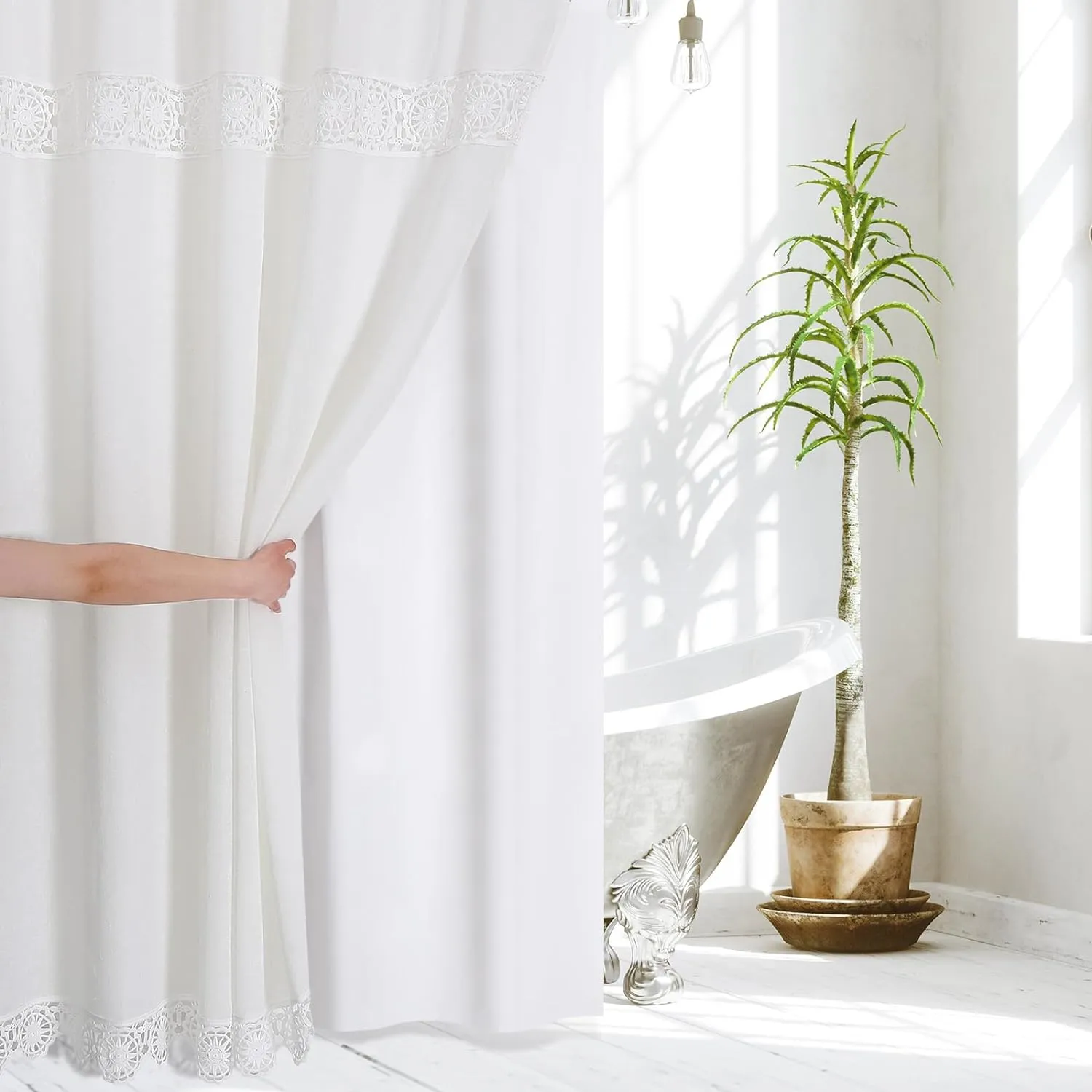 Gibelle Boho Farmhouse Shower Curtain Set, Linen Cotton Fabric Shower Curtain with Macrame Lace Decor, Modern Bohemian French Country Chic Bathroom Curtain with PEVA Liner 72x72 - White