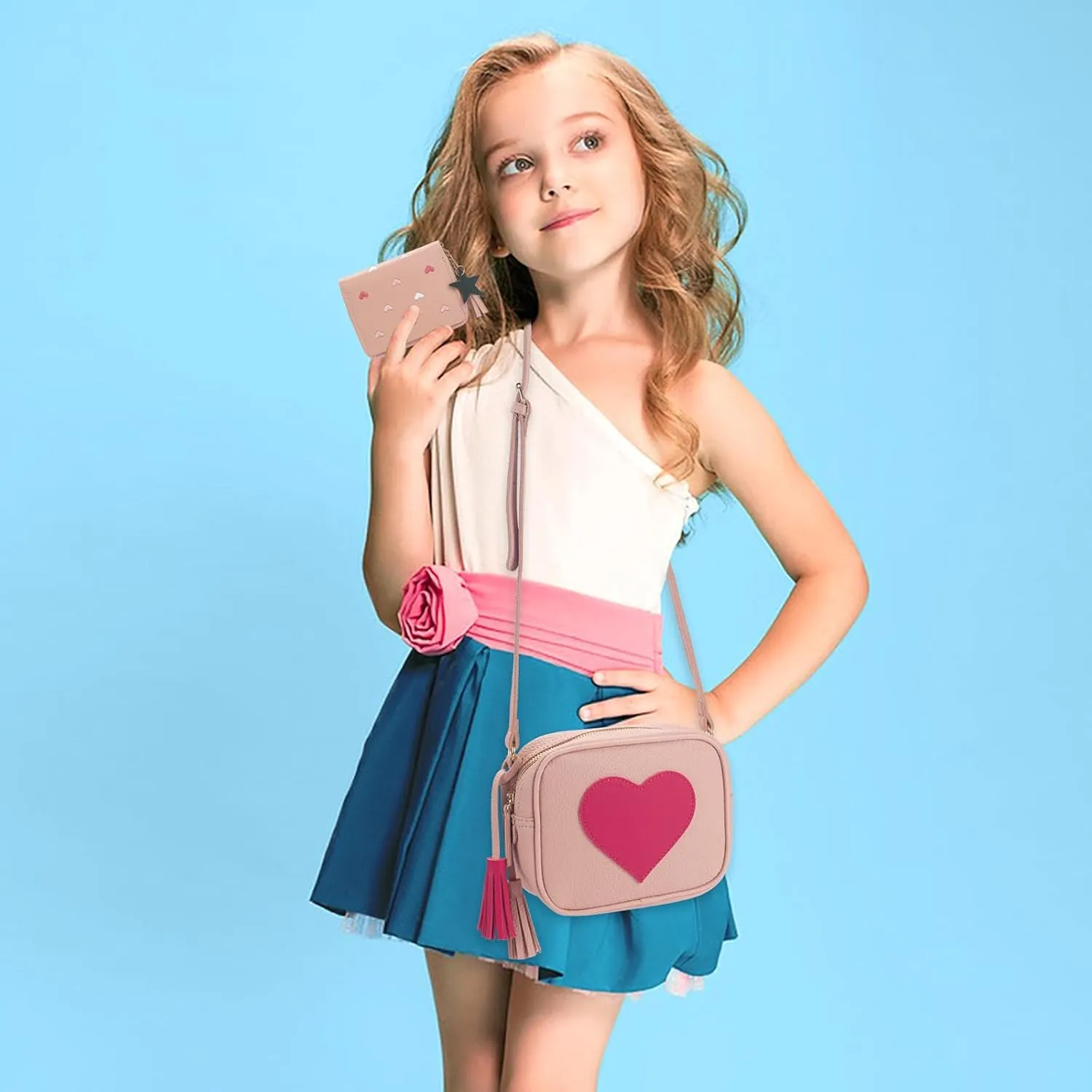 Girls Purse for Kids & Toddlers - Heart Purse with Teens Wallet & Tassel, Crossbody Bag Gift for Christmas