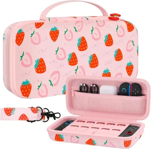 GLDRAM Strawberry Case for Nintendo Switch 2 (2025), Cute Portable Hard Shell Protective Travel Carrying Case Protector with 10 Game Card Slots, Durable Girly Accessories Storage Bag - Pink