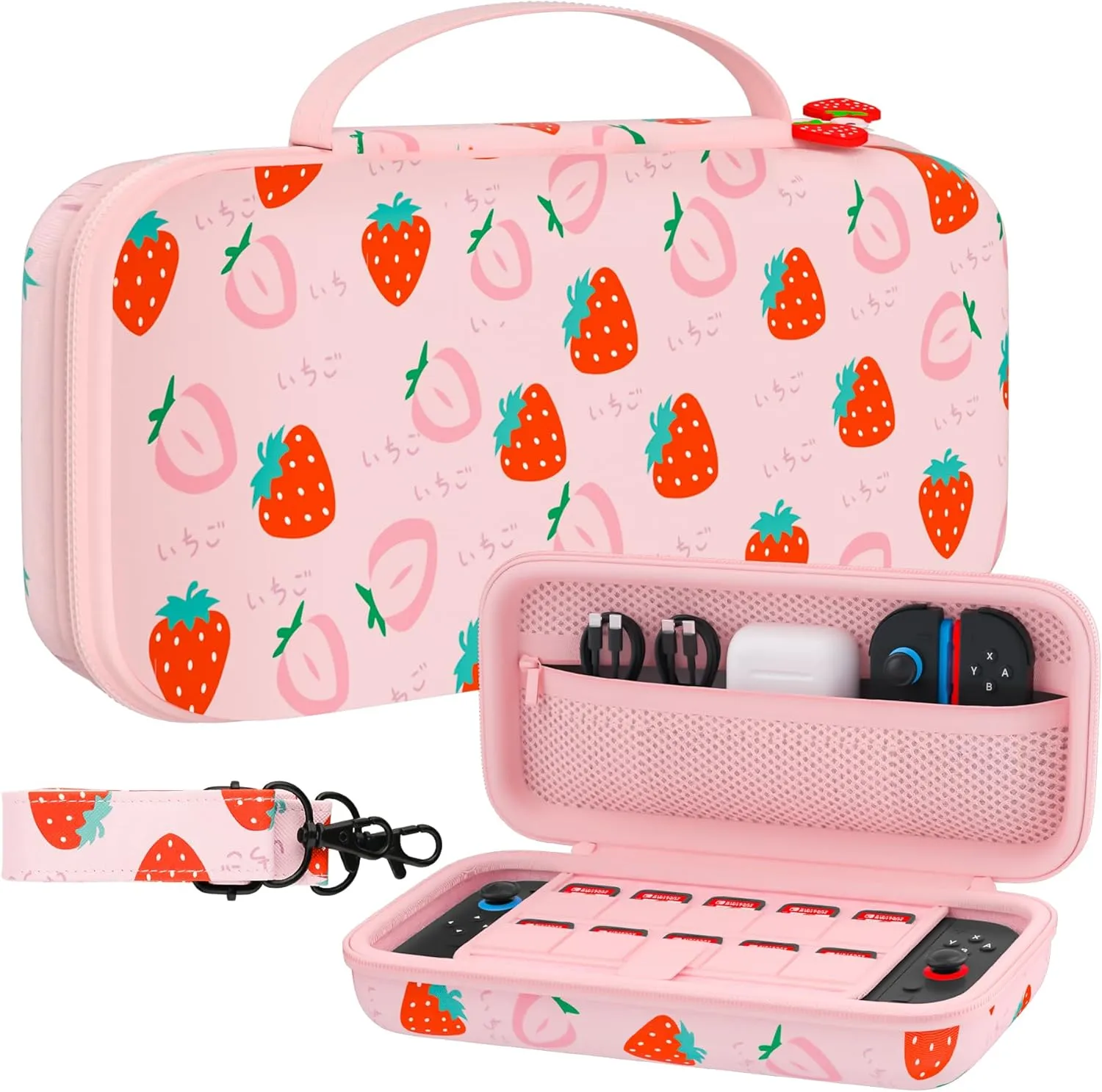 GLDRAM Strawberry Case for Nintendo Switch 2 (2025), Cute Portable Hard Shell Protective Travel Carrying Case Protector with 10 Game Card Slots, Durable Girly Accessories Storage Bag - Pink