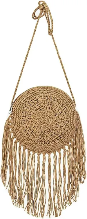 Goclothod Women Crochet Fringed Shoulder Bag Cotton Tassel Crossbody Bag Hippie Beach Purse