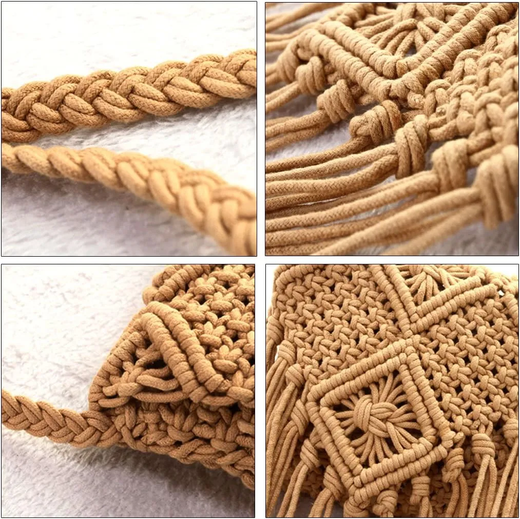 Goclothod Women Crochet Fringed Shoulder Bag Cotton Tassel Crossbody Bag Hippie Beach Purse