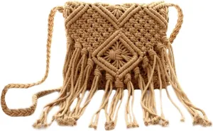 Goclothod Women Crochet Fringed Shoulder Bag Cotton Tassel Crossbody Bag Hippie Beach Purse