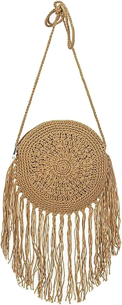 Goclothod Women Crochet Fringed Shoulder Bag Cotton Tassel Crossbody Bag Hippie Beach Purse