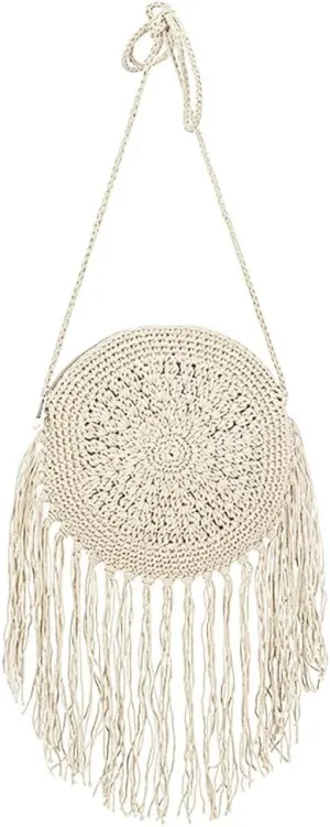 Goclothod Women Crochet Fringed Shoulder Bag Cotton Tassel Crossbody Bag Hippie Beach Purse