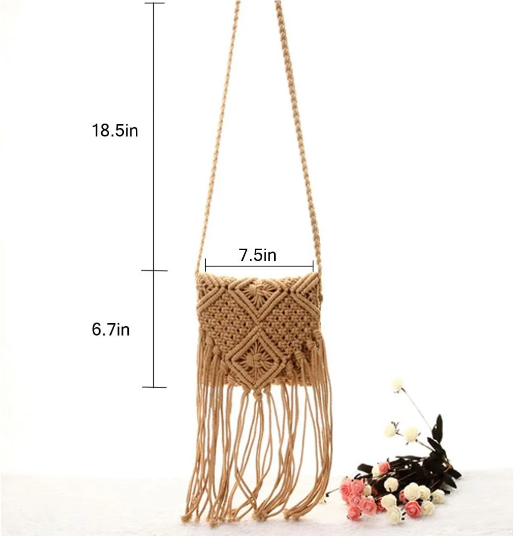 Goclothod Women Crochet Fringed Shoulder Bag Cotton Tassel Crossbody Bag Hippie Beach Purse