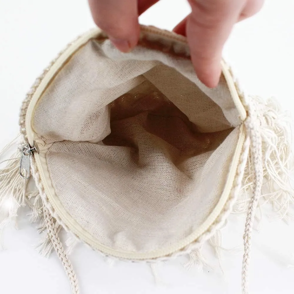 Goclothod Women Crochet Fringed Shoulder Bag Cotton Tassel Crossbody Bag Hippie Beach Purse