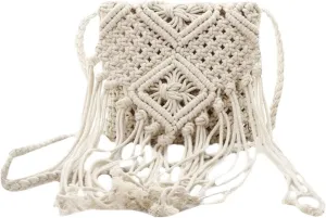 Goclothod Women Crochet Fringed Shoulder Bag Cotton Tassel Crossbody Bag Hippie Beach Purse