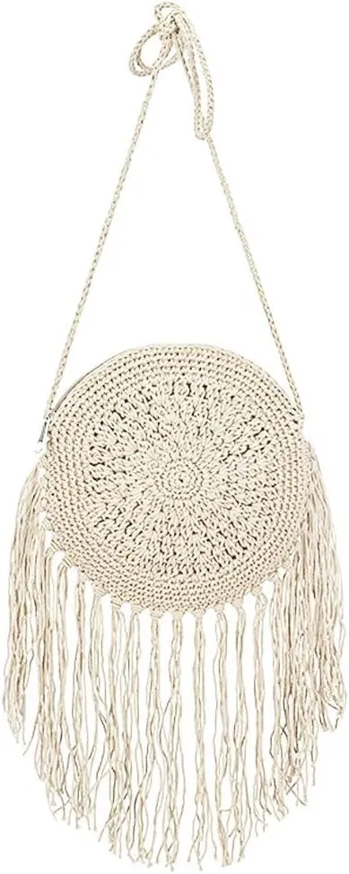 Goclothod Women Crochet Fringed Shoulder Bag Cotton Tassel Crossbody Bag Hippie Beach Purse