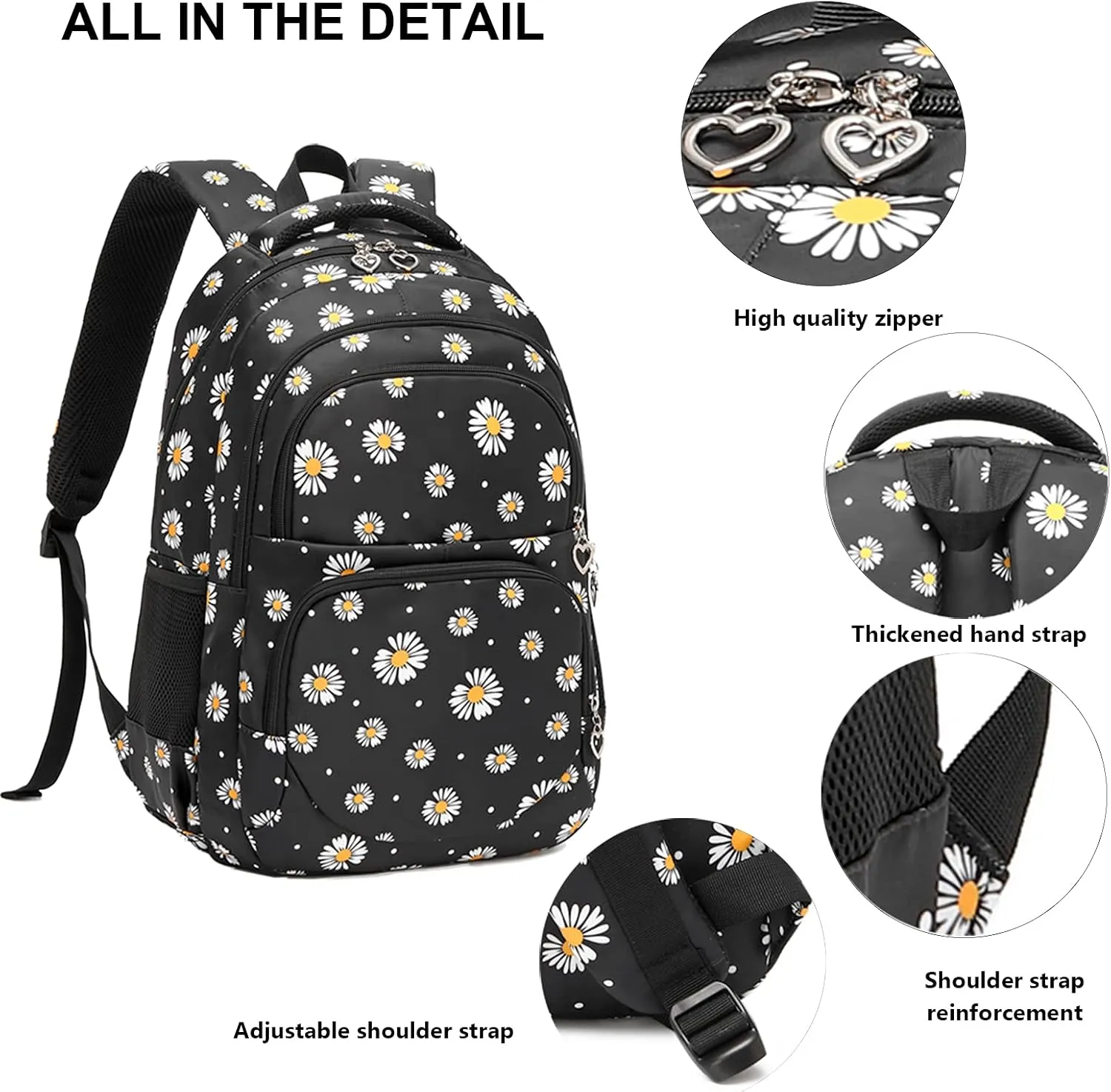 goldwheat Daisy Printed Backpacks With Lunch Pack Pencil Case 3pcs, Lightweight Water Resistant Bookbag For Middle School
