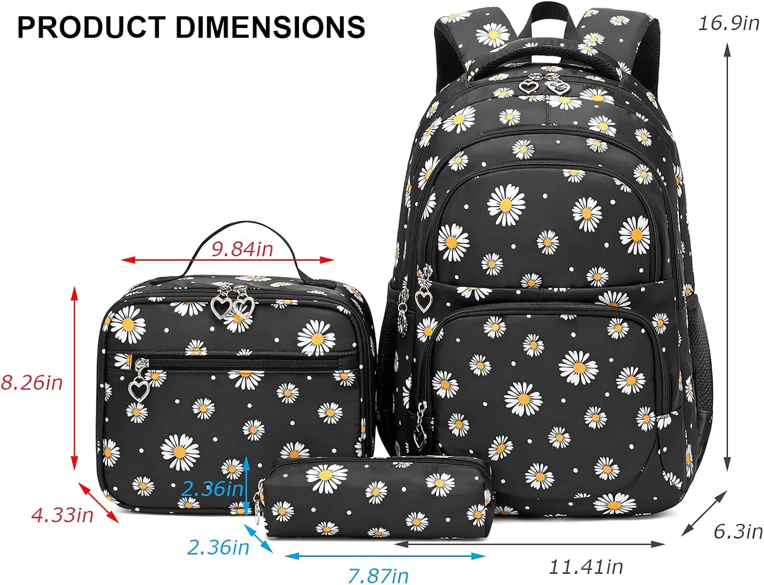 goldwheat Daisy Printed Backpacks With Lunch Pack Pencil Case 3pcs, Lightweight Water Resistant Bookbag For Middle School